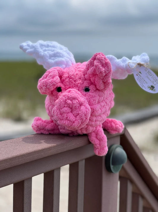 Hand Knit Flying Pig Plushie