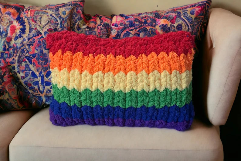 Gay LGBTQ Rainbow Chunky Knit Pillow